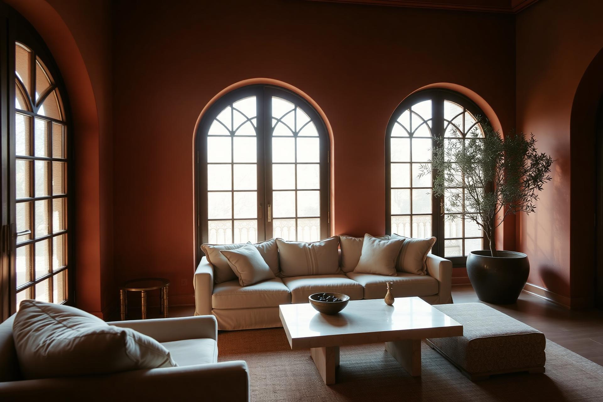 Warm terracotta interior with arched windows
